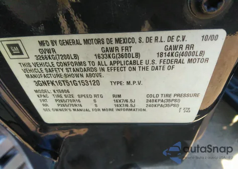 2001 Chevrolet Suburban 1500 Lt from USA, damaged, VIN 3GNFK16T51G153120